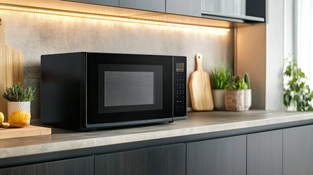 A modern kitchen scene featuring a black microwave on a clean countertop. The stylish design includes fresh plants and a wooden cutting board, creating a functional space for cooking.の素材