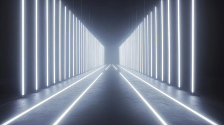 A captivating futuristic hallway showcases glowing neon light strips, creating a striking contrast in a dark environment. This visually stunning design emphasizes depth and minimalism.の素材