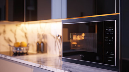 A sleek and modern microwave sits elegantly on a marble countertop, enhancing the sophisticated ambiance of a contemporary kitchen. The design combines functionality with luxury.の素材