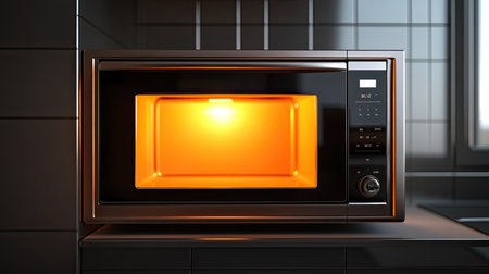 A sleek modern microwave oven emits a bright light from within, highlighting its spacious interior. This appliance fits seamlessly into contemporary kitchen designs, perfect for quick meal preparation.の素材