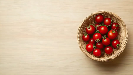 A collection of fresh red tomatoes arranged in a woven basket on a smooth light wooden surface. This image highlights a natural and healthy food aesthetic.の素材