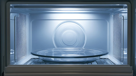 A bright and modern microwave interior showcases a glass plate on a clean surface. This image highlights the sleek design and practical features of kitchen appliances.の素材