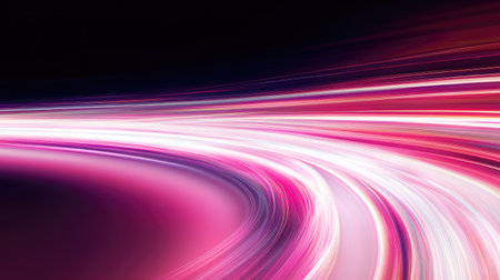 This striking abstract image features smooth, vibrant light trails in pink and white against a dark background, evoking a sense of speed and energy.の素材