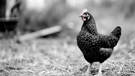 This striking black and white portrait captures a speckled chicken standing gracefully in a tranquil farm setting, showcasing its natural beauty.の素材