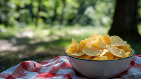 A vibrant bowl of freshly made potato chips sits on a picnic blanket amidst lush greenery. This outdoor setting captures a perfect summer snack moment.の素材