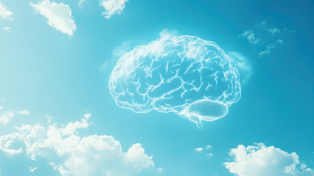This image depicts a digital brain visualization hovering in a bright blue sky with clouds. It symbolizes creativity, intelligence, and the essence of human thought.の素材