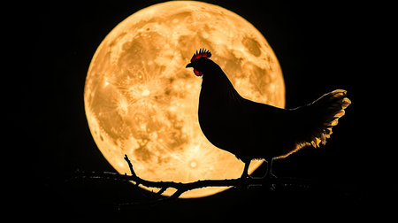 A stunning silhouette of a chicken perched on a branch, beautifully contrasting against a bright full moon in the night sky, capturing an enchanting rural scene.の素材