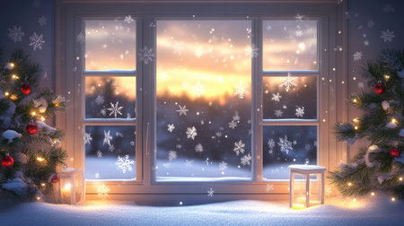 A serene winter scene captured through a window, featuring snowflakes and holiday decorations, creating a warm and cozy atmosphere at sunset.の素材