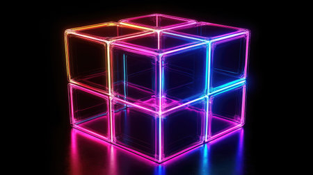 A vibrant neon-lit cube arrangement glows with colorful light against a dark background. This artistic design captures modern aesthetics and surreal beauty.の素材