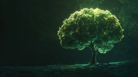 A glowing green tree stands out in a dark forest, creating a magical atmosphere. The illuminated leaves and serene environment evoke tranquility and wonder.の素材