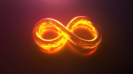 This captivating image features a glowing orange infinity symbol set against an abstract background. The vibrant colors and radiant light evoke feelings of energy and timelessness.の素材