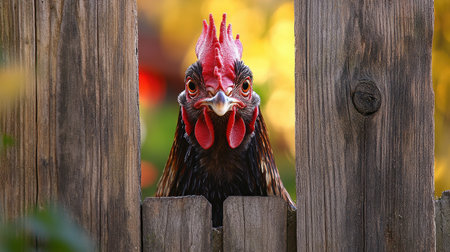 A curious chicken peers through a wooden fence, showcasing its vibrant feathers and inquisitive eyes. This close-up captures the charm of rural life.の素材