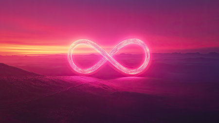An abstract representation of an infinity symbol glowing in vibrant pink hues over a tranquil landscape at sunset, evoking feelings of eternity and serenity.の素材