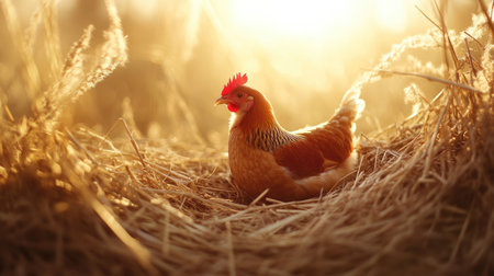 A charming chicken rests comfortably in a bed of golden hay, illuminated by warm sunlight during the early morning. Perfect for farm-themed visuals.の素材