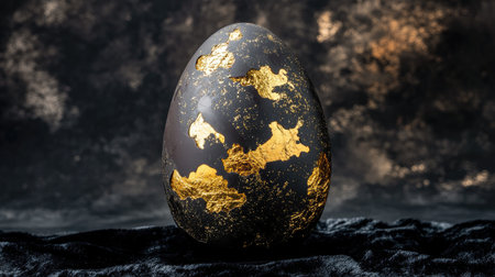 This elegant black egg adorned with golden leaf accents stands out against a dark background, showcasing a luxurious and artistic design perfect for decoration or photography.の素材