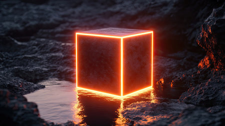 A mesmerizing neon cube floats above still water, casting vibrant reflections on the rocky surface, creating a surreal and tranquil atmosphere.の素材