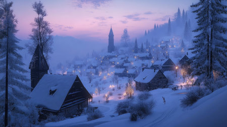 A stunning winter landscape showcasing a snow-covered village at twilight. The serene atmosphere is enhanced by soft light and distant mountains, inviting peace.の素材