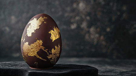 A beautifully crafted chocolate egg adorned with shining gold leaf, set against a dark, textured background, perfect for gourmet occasions and artistic presentations.の素材