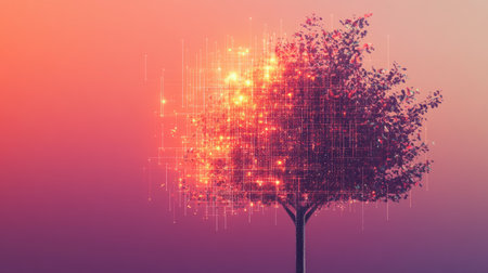 This stunning digital artwork features a glowing tree amidst a vibrant sunset, blending nature with technology. Its radiant and surreal design captivates the viewer.の素材