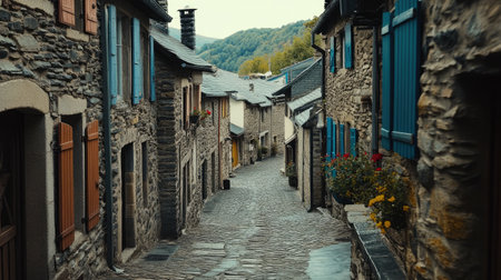 Discover the serene beauty of a quaint village alleyway, featuring rustic stone buildings, colorful shutters, and blooming flowers, perfect for exploration.の素材
