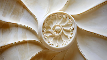 This detailed close-up captures the mesmerizing spiral pattern of a shell. The smooth curves and natural tones evoke a sense of tranquility and beauty in nature.の素材