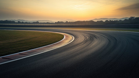 A tranquil view of a curved racetrack at sunset, featuring smooth asphalt and gentle mountain silhouettes in the background, creating a serene atmosphere.の素材