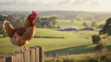 A majestic rooster stands proudly on a wooden fence post, overlooking a picturesque farm landscape bathed in gentle morning light. The serene countryside evokes a sense of peace.の素材