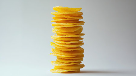 A vertical stack of golden potato chips against a plain background, showcasing their crispy texture and inviting appearance. Perfect for snack-themed projects.の素材