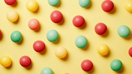 This vivid image features a playful arrangement of colorful round balls set against a bright yellow background, perfect for evoking fun and joy.の素材