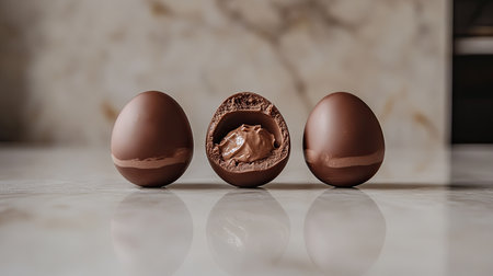 Three chocolate eggs displayed on a marble surface, showcasing a creamy filling inside one. This elegant arrangement emphasizes the rich textures and indulgent appeal of the dessert.の素材