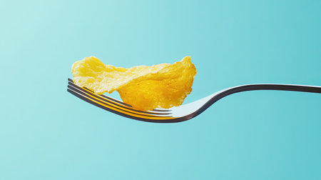 A vibrant image of a single crunchy potato chip balanced on a fork, showcasing its texture and color against a bright blue background. Perfect for food styling!の素材