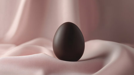 A stunning dark chocolate egg rests gracefully on soft pink fabric, creating a minimalist yet elegant composition perfect for various culinary themes and celebrations.の素材