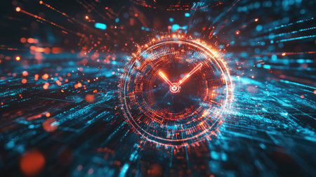 A captivating digital scene featuring a glowing clock at its center surrounded by vibrant data streams and lights, symbolizing innovative technology and time.の素材