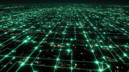 Explore a stunning futuristic digital landscape featuring neon grid patterns and glowing connections. Perfect for themes of technology and innovation.の素材