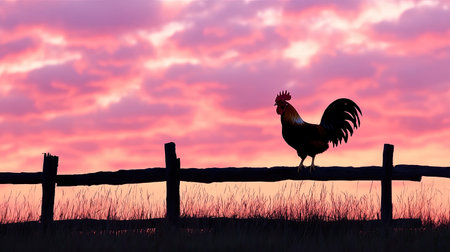 A striking silhouette of a rooster perched on a rustic fence during a vibrant sunset. The colorful sky enhances the tranquil rural scene, evoking a sense of peace.の素材