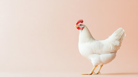 A vibrant white chicken stands against a soft peach background, showcasing its natural elegance and charm. Ideal for agricultural or nature-themed projects.の素材