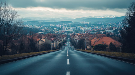 A serene urban landscape showcasing a wet road leading through a city with distant mountains. The gloomy sky creates a tranquil atmosphere perfect for travel imagery.の素材