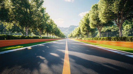 A stunning view of a scenic open road flanked by lush trees and distant mountains, perfect for journeys and outdoor adventures. The vibrant landscape invites exploration.の素材