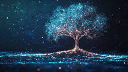A stunning digital artwork of a glowing tree with sparkling roots, set against a cosmic space background. This image represents growth and connection to nature.の素材
