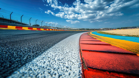 A close-up view of a racing track curve highlighting vibrant colors and textured surfaces, set against a dramatic sky filled with clouds, showcases the excitement of speed and competition.の素材
