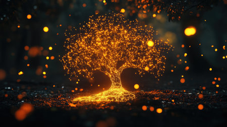 A stunning visual of a glowing tree illuminated by magical firefly lights in a dark forest, creating a mystical and enchanting atmosphere perfect for artistic projects.の素材