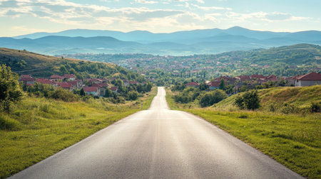 A picturesque countryside road stretches through lush green fields and hills, offering a serene view of the landscape and distant mountains under a bright blue sky.の素材