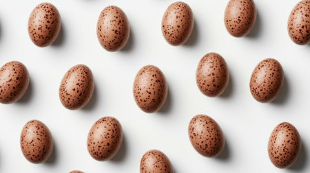 A captivating top view of brown speckled eggs arranged aesthetically on a white background. Ideal for food styling, culinary arts, and natural ingredient themes.の素材