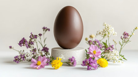 A beautifully arranged chocolate egg sits elegantly on a textured pedestal, surrounded by vibrant spring flowers, creating a delightful and festive atmosphere perfect for seasonal celebrations.の素材