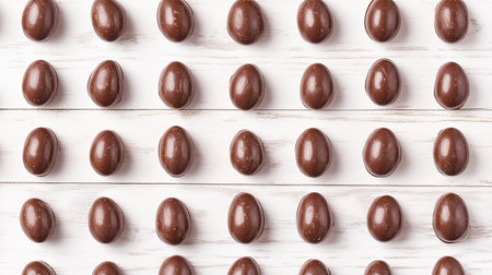 A visually appealing arrangement of shiny brown chocolate eggs on a white wooden surface. Perfect for Easter celebrations, festive events, or candy promotions.の素材