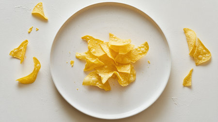A vibrant display of crispy potato chips arranged on a white plate, surrounded by crunchy fragments. Ideal for food photography or snack-related themes.の素材
