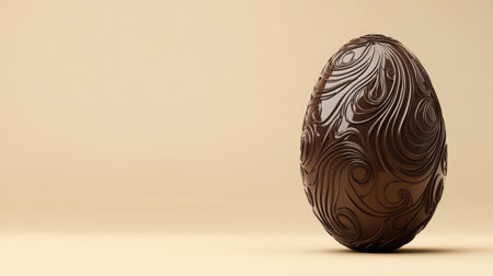 A beautifully crafted chocolate Easter egg with intricate swirl patterns, standing elegantly against a soft neutral background, perfect for festive celebrations.の素材