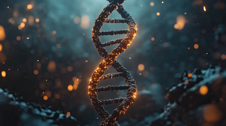 A captivating visual of a glowing DNA double helix in a mystical setting, showcasing the beauty and complexity of genetics with vibrant light and abstract background elements.の素材