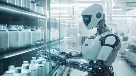 A sophisticated robot with advanced technology organizes pharmaceutical bottles in a modern laboratory, illustrating automation in healthcare and research environments.の素材