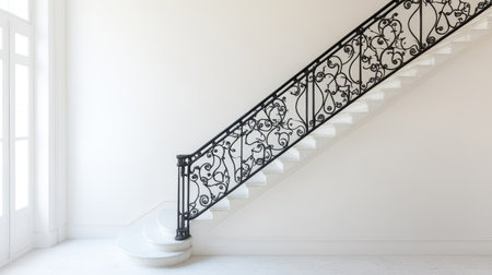 This image showcases an elegant staircase featuring intricate iron railings against a minimalist white background. The clean lines and soft curves create a tranquil atmosphere.の素材